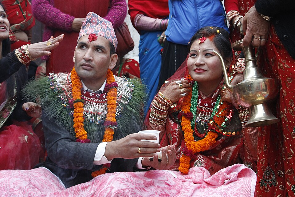 A couple at an inter-caste wedding ceremony in Lalitpur